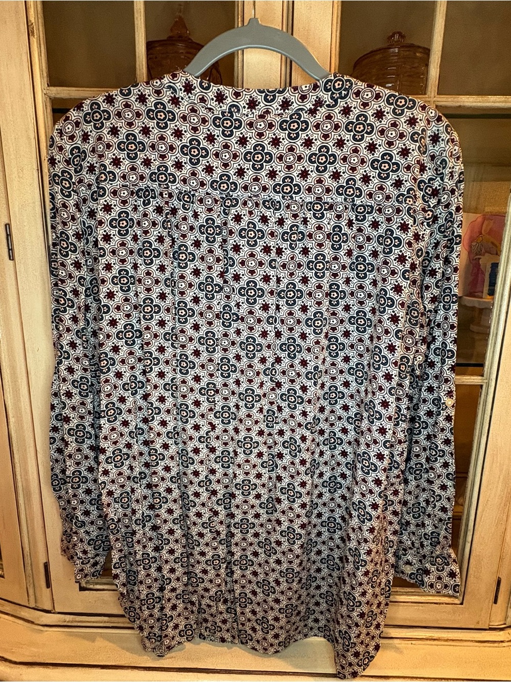 EUC LOFT Blouse with Cream Base and Navy and Burgundy Pattern